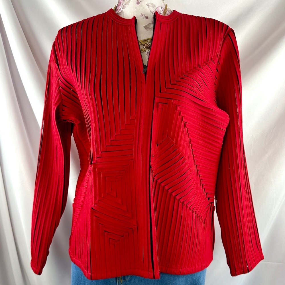 Vintage Laura Ashley Red Applique Ribbon Mesh Jacket Petite Medium Avant Garde - Picture 10 of 17